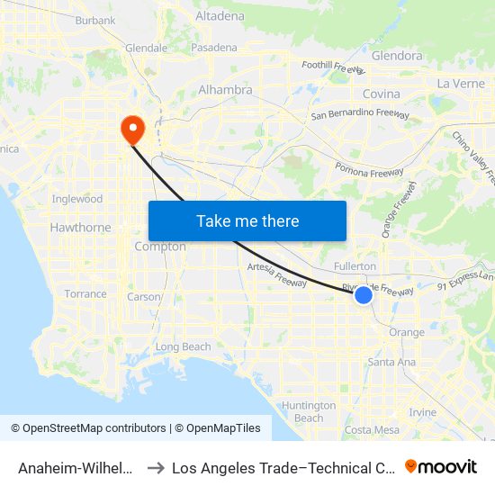 Anaheim-Wilhelmina to Los Angeles Trade–Technical College map