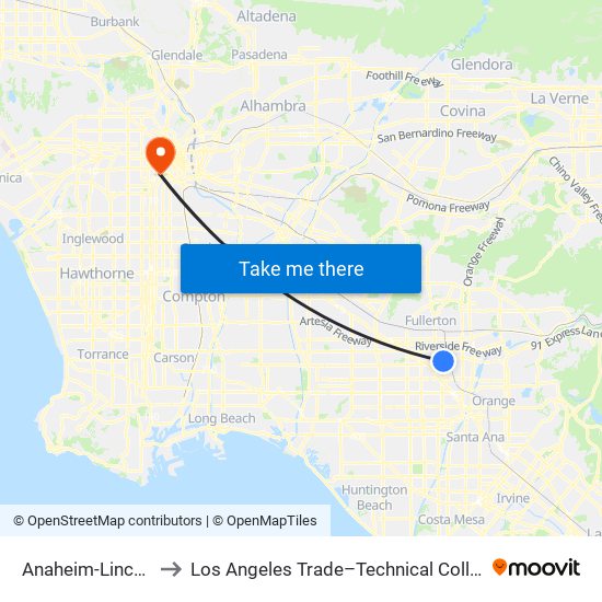 Anaheim-Lincoln to Los Angeles Trade–Technical College map