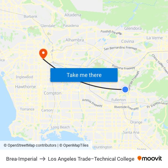 Brea-Imperial to Los Angeles Trade–Technical College map