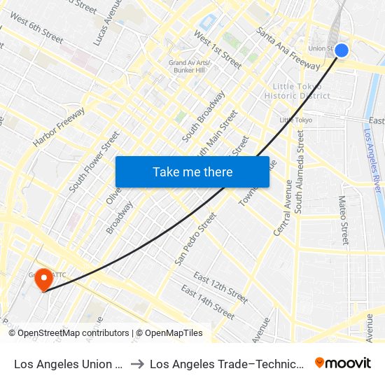 Los Angeles Union Station to Los Angeles Trade–Technical College map