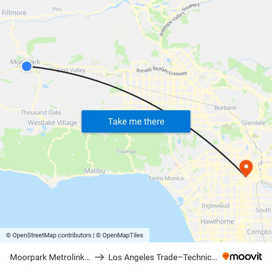 Moorpark Metrolink Station to Los Angeles Trade–Technical College map