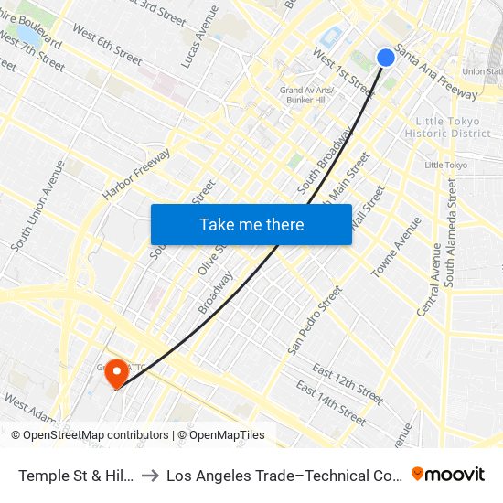 Temple St & Hill St to Los Angeles Trade–Technical College map