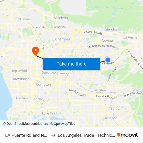 LA Puente Rd and Nogales E to Los Angeles Trade–Technical College map