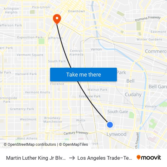 Martin Luther King Jr Blvd & Virginia Ave to Los Angeles Trade–Technical College map