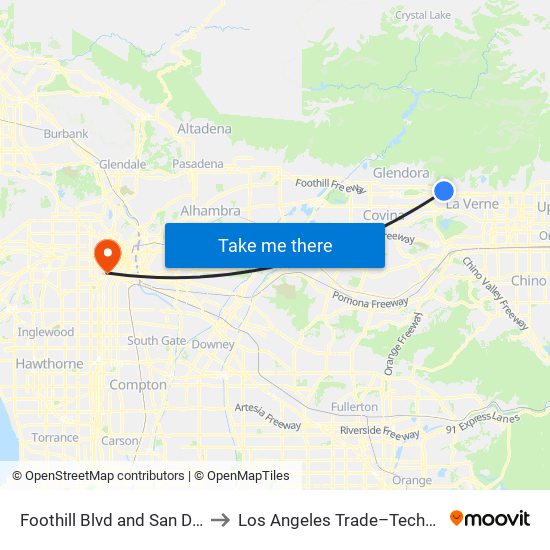 Foothill Blvd and San Dimas Ave E to Los Angeles Trade–Technical College map