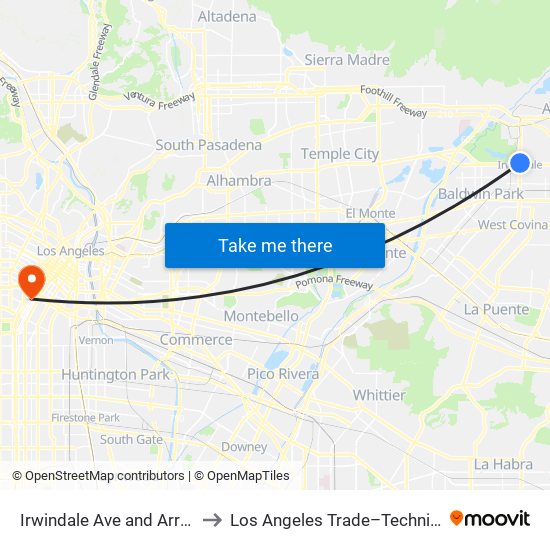 Irwindale Ave and Arrow Hwy S to Los Angeles Trade–Technical College map