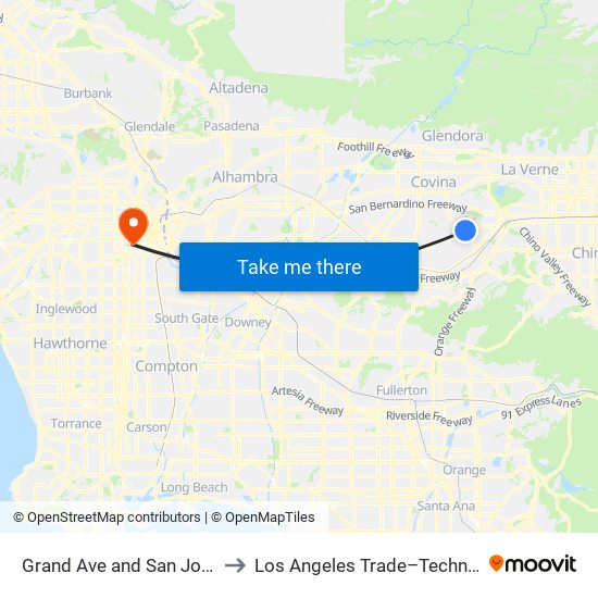 Grand Ave and San Jose Hills Rd to Los Angeles Trade–Technical College map