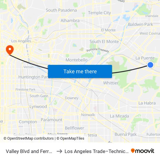 Valley Blvd and Ferrero Ln W to Los Angeles Trade–Technical College map