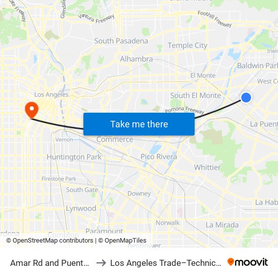 Amar Rd and Puente Ave W to Los Angeles Trade–Technical College map