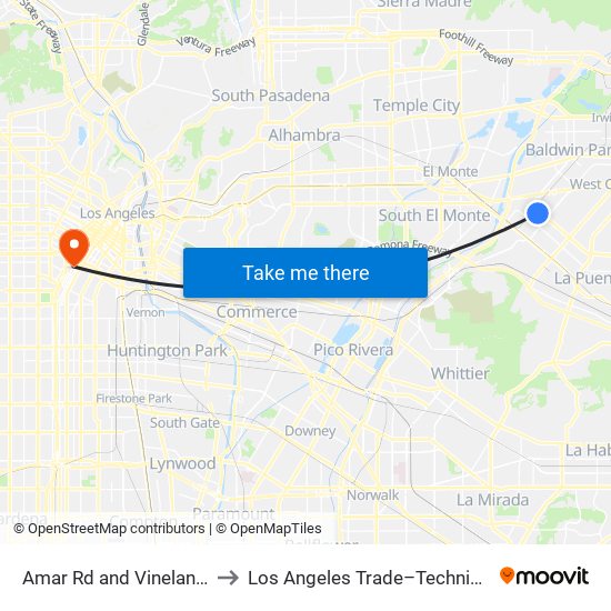 Amar Rd and Vineland Ave W to Los Angeles Trade–Technical College map