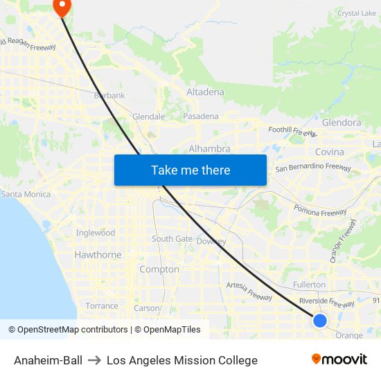 Anaheim-Ball to Los Angeles Mission College map