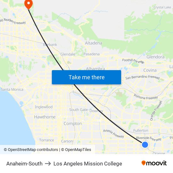 Anaheim-South to Los Angeles Mission College map