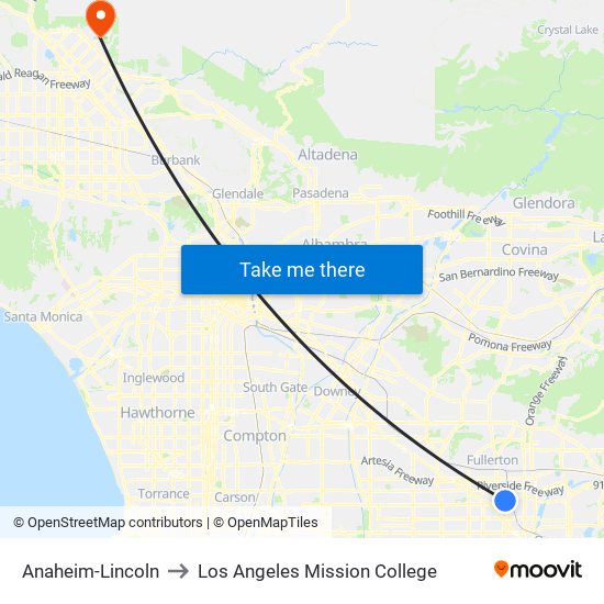 Anaheim-Lincoln to Los Angeles Mission College map