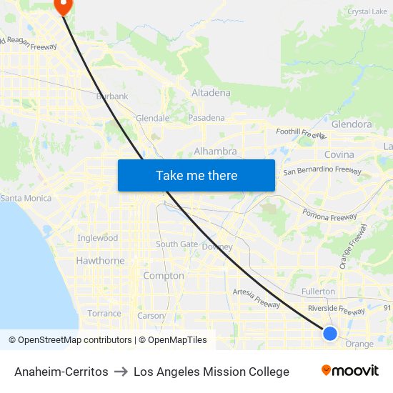 Anaheim-Cerritos to Los Angeles Mission College map