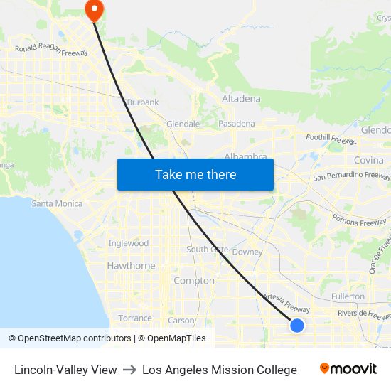 Lincoln-Valley View to Los Angeles Mission College map