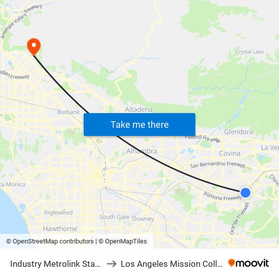 Industry Metrolink Station to Los Angeles Mission College map