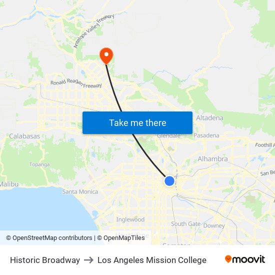 Historic Broadway to Los Angeles Mission College map