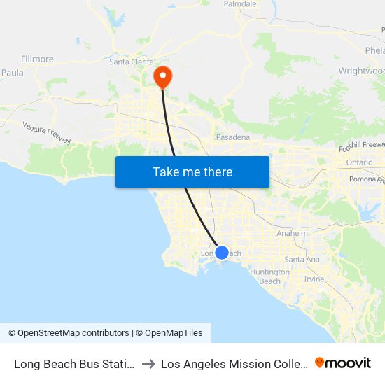 Long Beach Bus Station to Los Angeles Mission College map