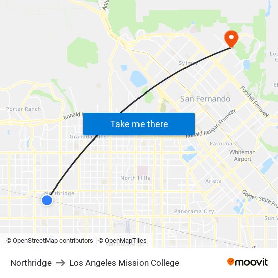 Northridge to Los Angeles Mission College map