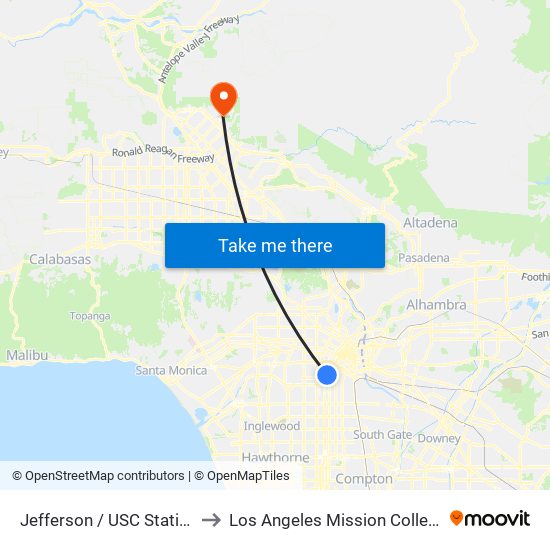 Jefferson / USC Station to Los Angeles Mission College map