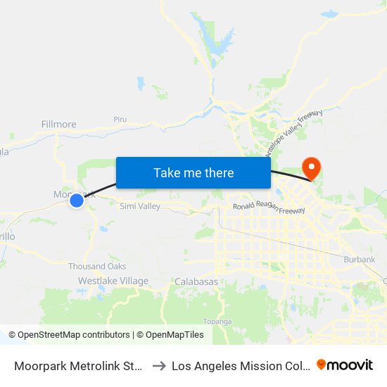 Moorpark Metrolink Station to Los Angeles Mission College map