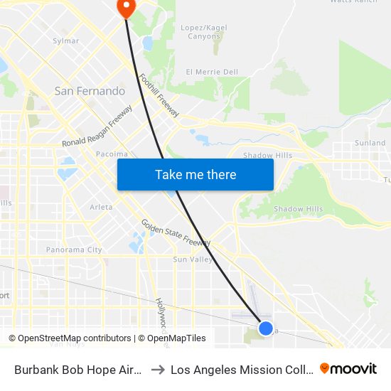 Burbank Bob Hope Airport to Los Angeles Mission College map