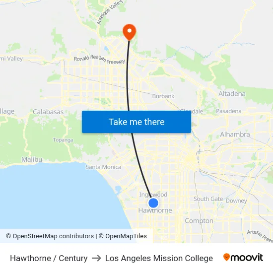 Hawthorne / Century to Los Angeles Mission College map