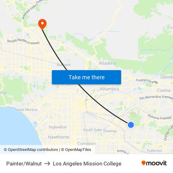 Painter/Walnut to Los Angeles Mission College map