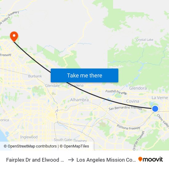 Fairplex Dr and Elwood Ave E to Los Angeles Mission College map