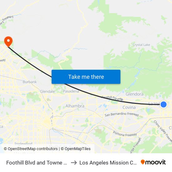 Foothill Blvd and Towne Ave W to Los Angeles Mission College map