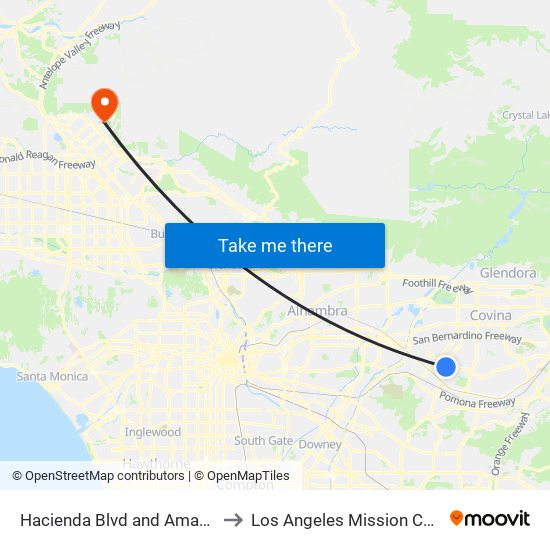 Hacienda Blvd and Amar Rd S to Los Angeles Mission College map