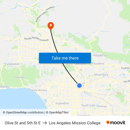 Olive St and 5th St E to Los Angeles Mission College map