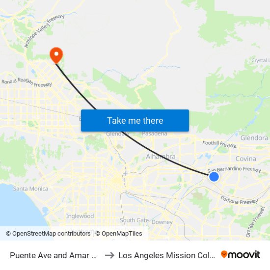 Puente Ave and Amar Rd N to Los Angeles Mission College map