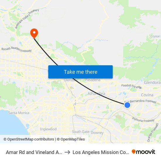 Amar Rd and Vineland Ave W to Los Angeles Mission College map