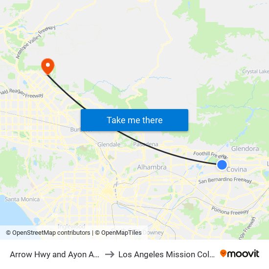 Arrow Hwy and Ayon Ave E to Los Angeles Mission College map