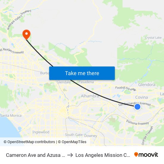 Cameron Ave and Azusa Ave S to Los Angeles Mission College map