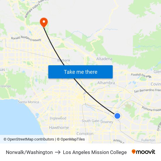 Norwalk/Washington to Los Angeles Mission College map