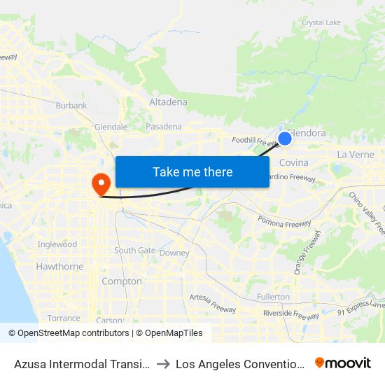 Azusa Intermodal Transit Center to Los Angeles Convention Center map