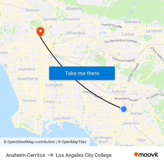 Anaheim-Cerritos to Los Angeles City College map