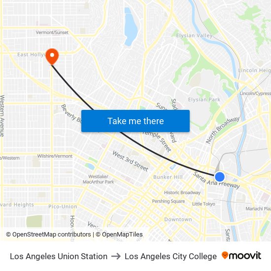 Los Angeles Union Station to Los Angeles City College map