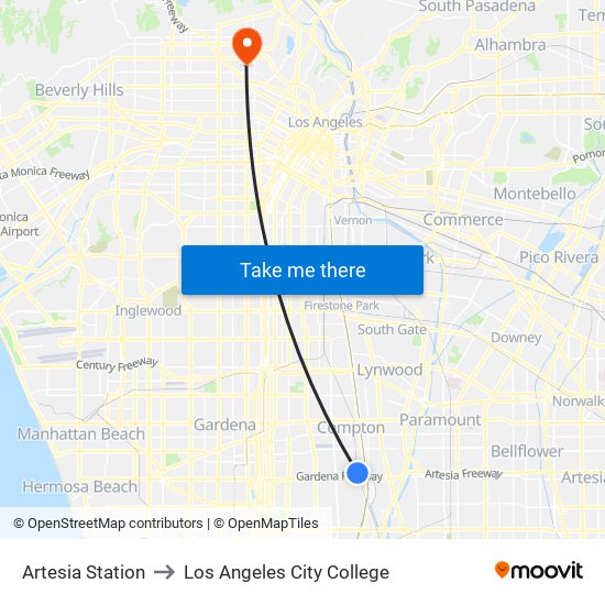 Artesia Station to Los Angeles City College map