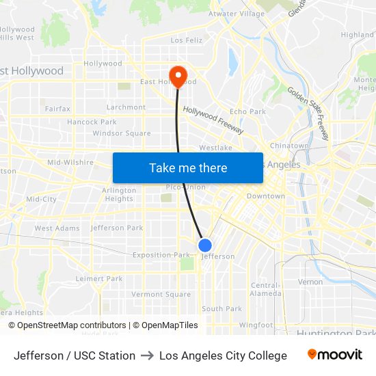 Jefferson / USC Station to Los Angeles City College map