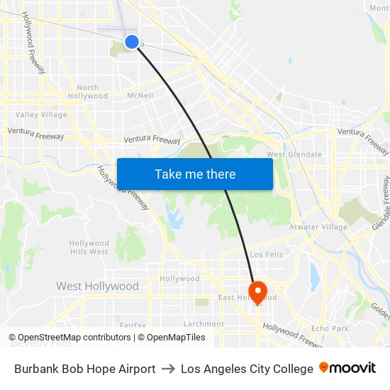 Burbank Bob Hope Airport to Los Angeles City College map