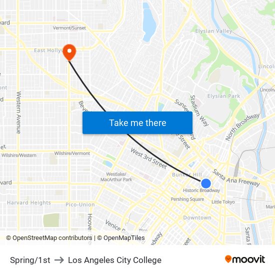 Spring/1st to Los Angeles City College map