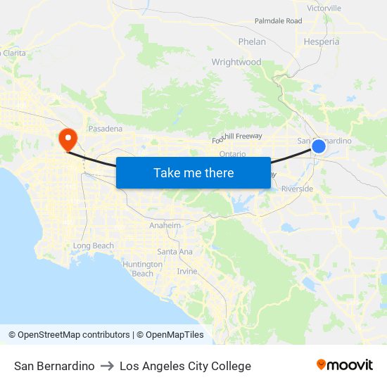 San Bernardino to Los Angeles City College map