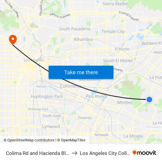 Colima Rd and Hacienda Blvd S to Los Angeles City College map