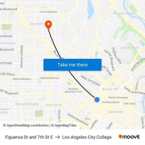 Figueroa St and 7th St E to Los Angeles City College map