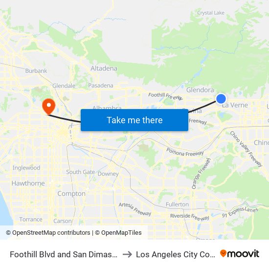 Foothill Blvd and San Dimas Ave E to Los Angeles City College map