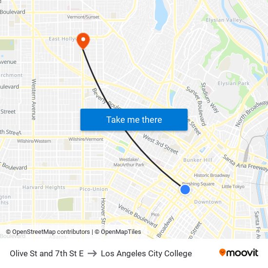Olive St and 7th St E to Los Angeles City College map
