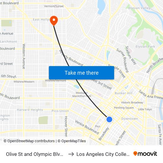 Olive St and Olympic Blvd E to Los Angeles City College map